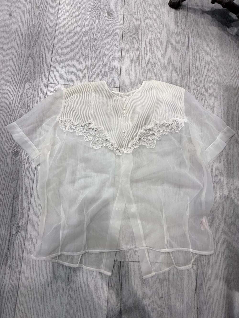Vintage Shadowline Sheer White Lace Pleated Yoke Button Back Blouse